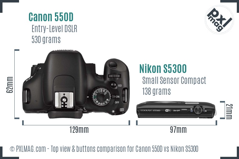 Canon 550D vs Nikon S5300 top view buttons comparison