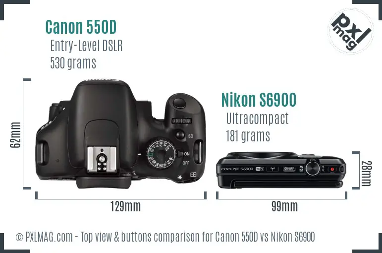 Canon 550D vs Nikon S6900 top view buttons comparison