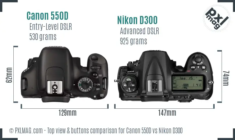 Canon 550D vs Nikon D300 top view buttons comparison
