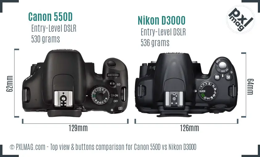 Canon 550D vs Nikon D3000 top view buttons comparison