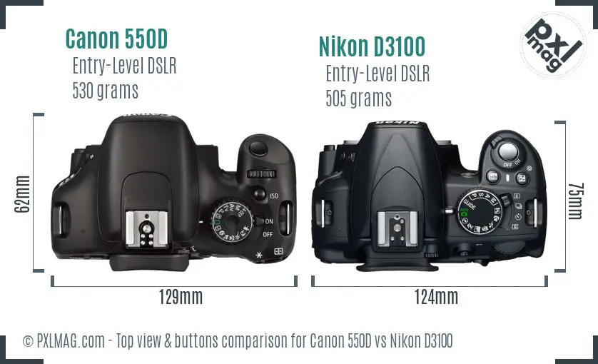Canon 550D vs Nikon D3100 top view buttons comparison