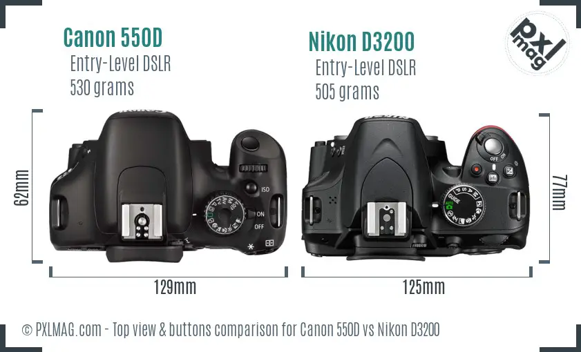 Canon 550D vs Nikon D3200 top view buttons comparison
