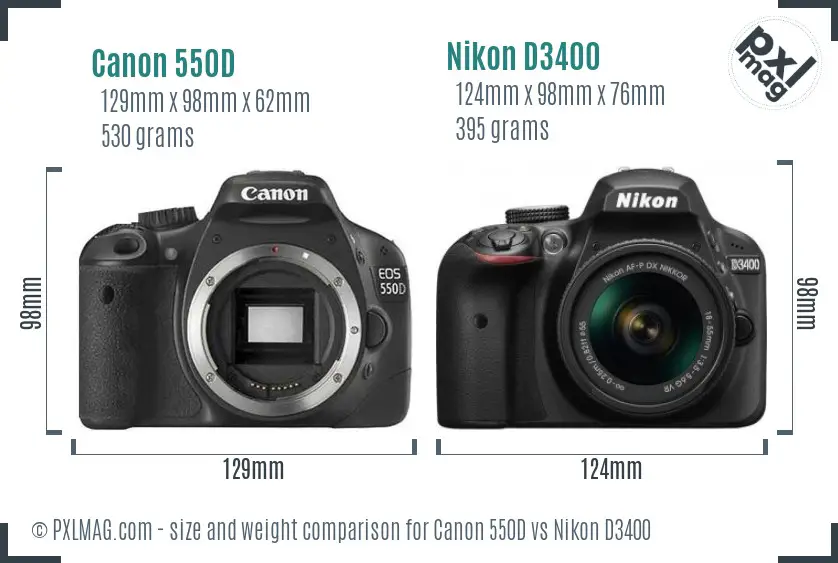 Canon 550D vs Nikon D3400 size comparison