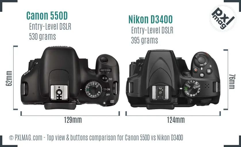 Canon 550D vs Nikon D3400 top view buttons comparison