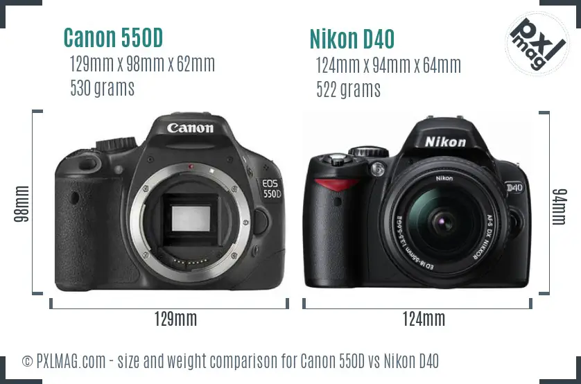 Canon 550D vs Nikon D40 size comparison