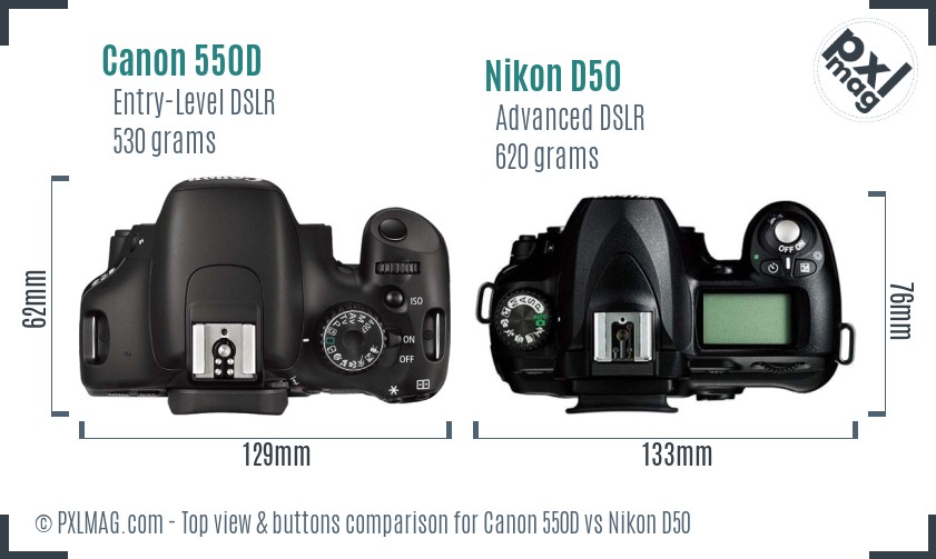 Canon 550D vs Nikon D50 top view buttons comparison