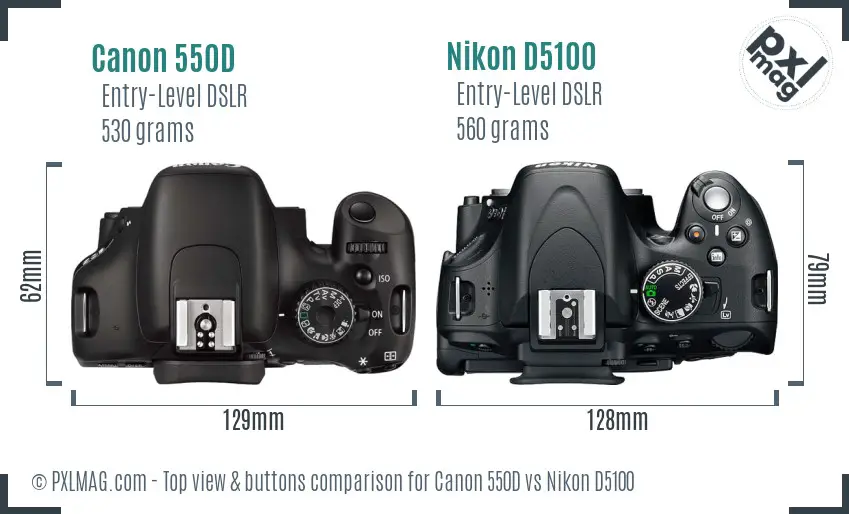 Canon 550D vs Nikon D5100 top view buttons comparison