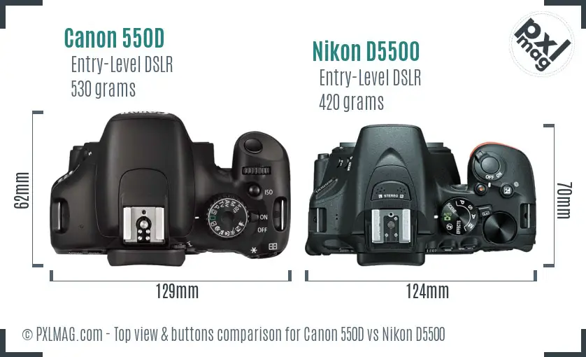 Canon 550D vs Nikon D5500 top view buttons comparison