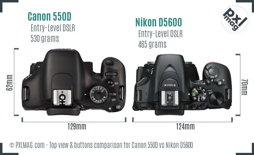 Canon 550D vs Nikon D5600 top view buttons comparison