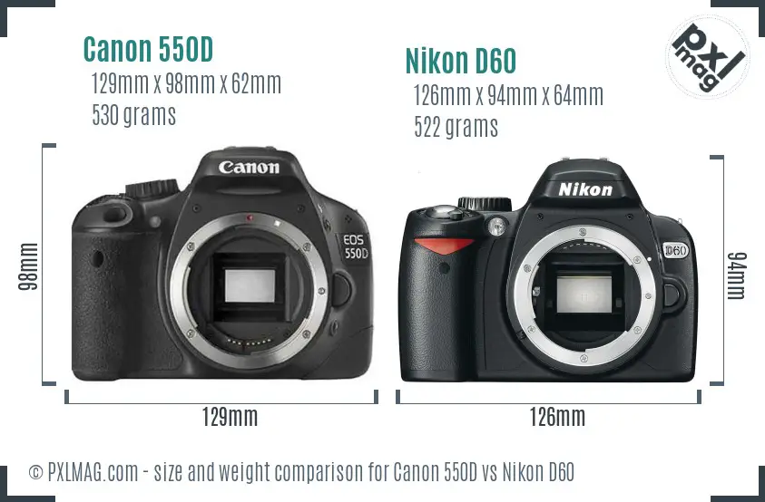 Canon 550D vs Nikon D60 size comparison
