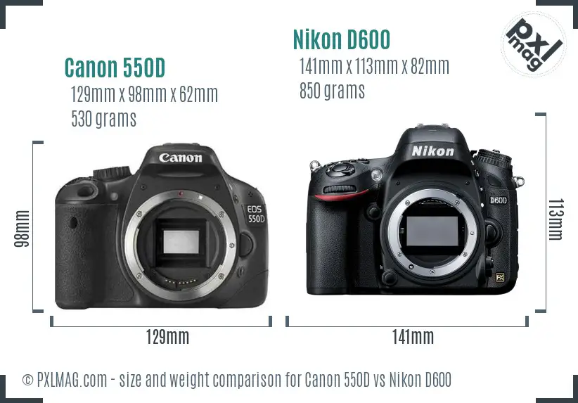 Canon 550D vs Nikon D600 size comparison