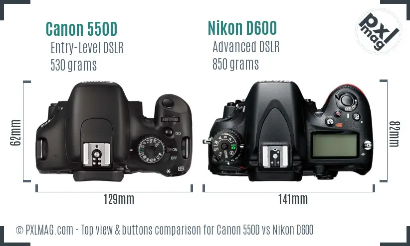 Canon 550D vs Nikon D600 top view buttons comparison