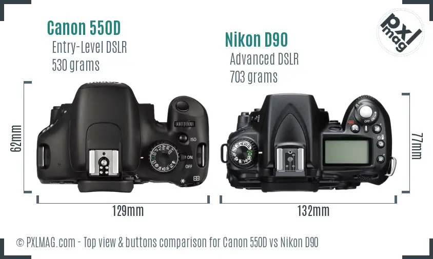 Canon 550D vs Nikon D90 top view buttons comparison