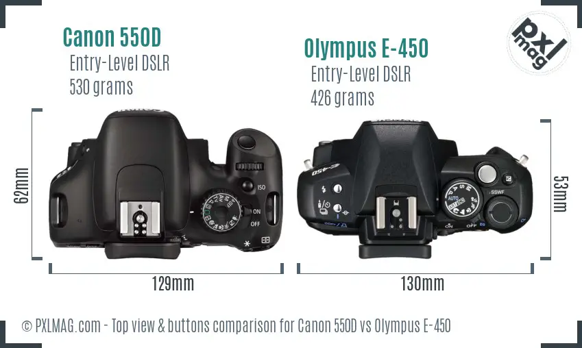 Canon 550D vs Olympus E-450 top view buttons comparison