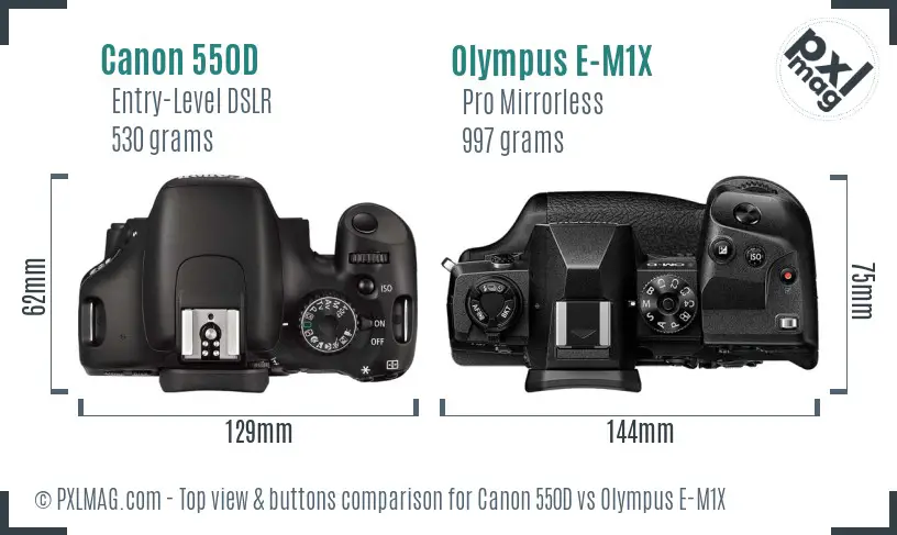 Canon 550D vs Olympus E-M1X top view buttons comparison Canon 550D vs Olympus E-M1X top view buttons comparison