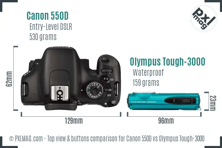 Canon 550D vs Olympus Tough-3000 top view buttons comparison Canon 550D vs Olympus Tough-3000 top view buttons comparison