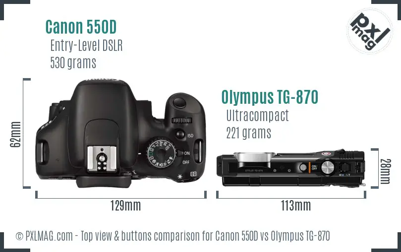 Canon 550D vs Olympus TG-870 top view buttons comparison