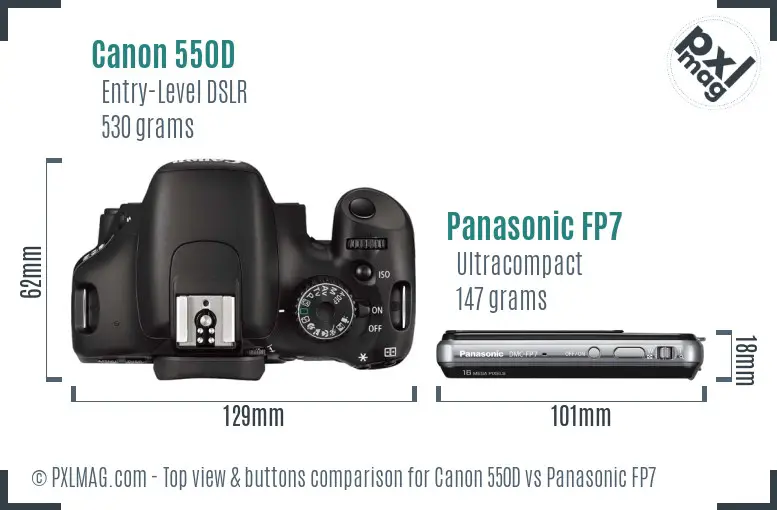 Canon 550D vs Panasonic FP7 top view buttons comparison