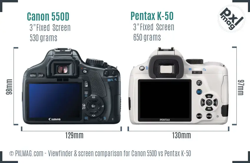 Canon 550D vs Pentax K-50 Screen and Viewfinder comparison
