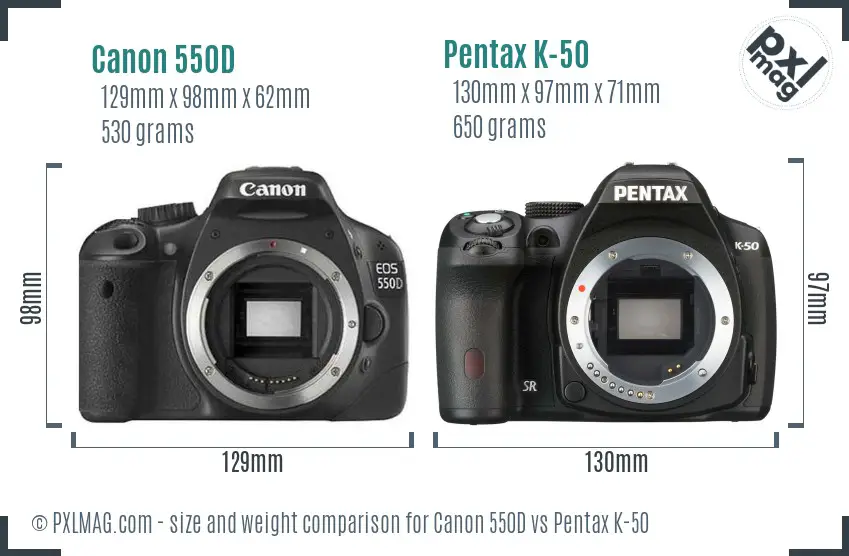 Canon 550D vs Pentax K-50 size comparison
