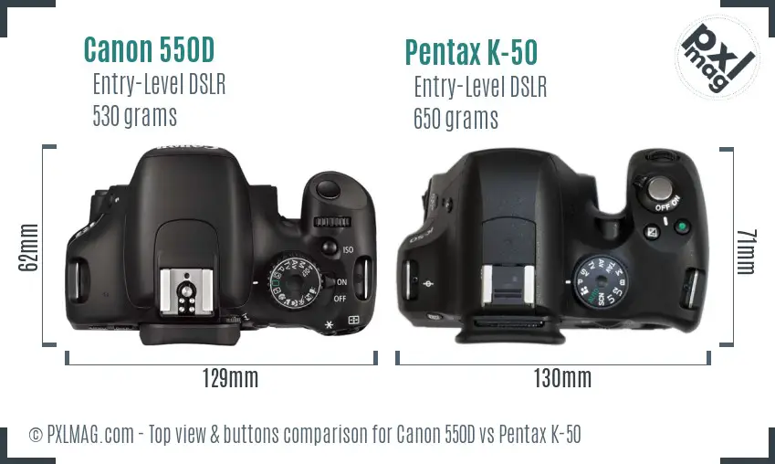 Canon 550D vs Pentax K-50 top view buttons comparison