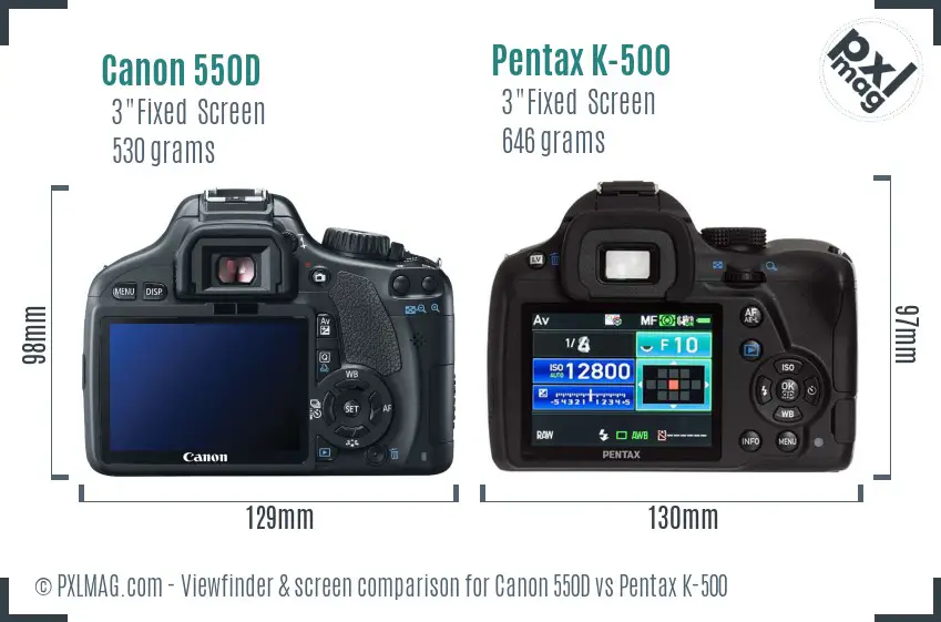 Canon 550D vs Pentax K-500 Screen and Viewfinder comparison