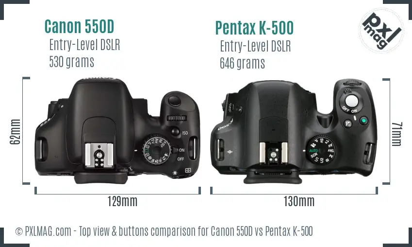 Canon 550D vs Pentax K-500 top view buttons comparison