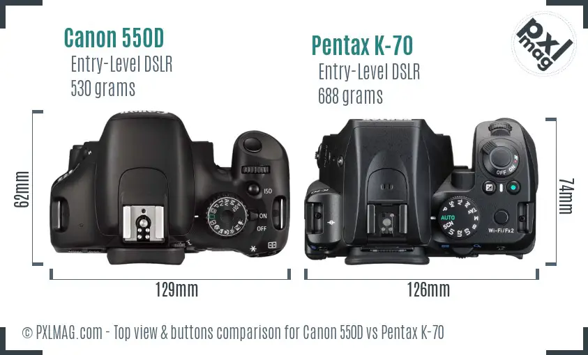 Canon 550D vs Pentax K-70 top view buttons comparison