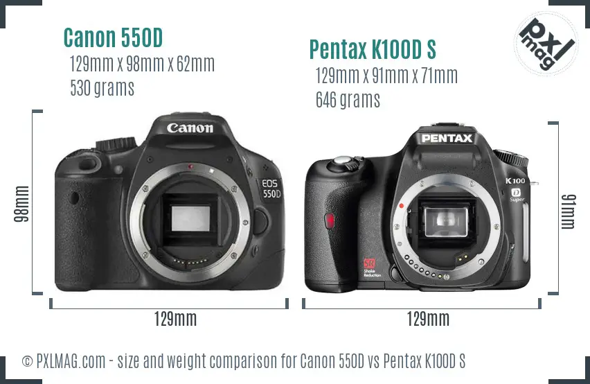 Canon 550D vs Pentax K100D S size comparison