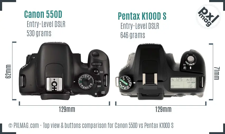 Canon 550D vs Pentax K100D S top view buttons comparison