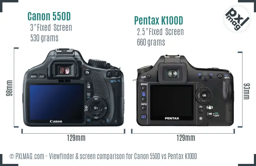 Canon 550D vs Pentax K100D Screen and Viewfinder comparison