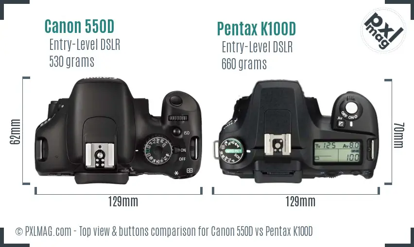 Canon 550D vs Pentax K100D top view buttons comparison