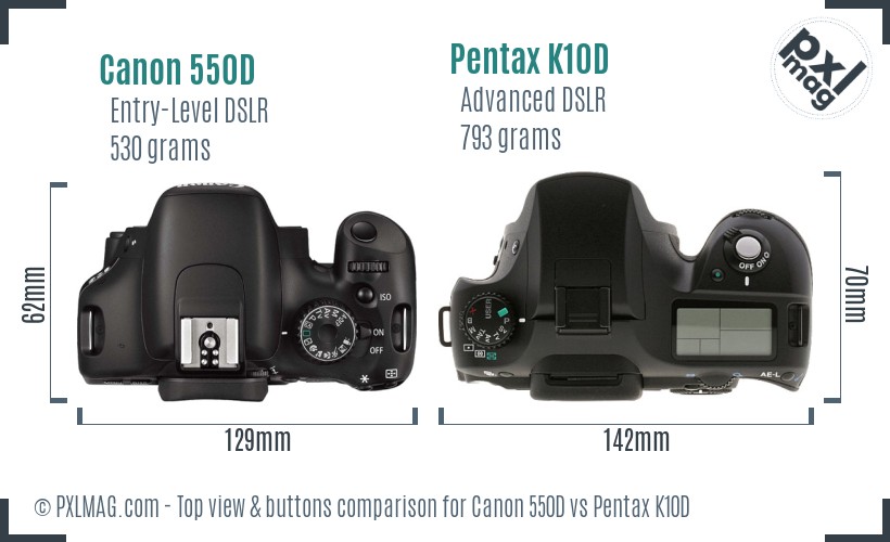 Canon 550D vs Pentax K10D top view buttons comparison