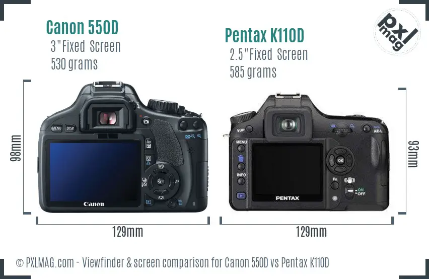 Canon 550D vs Pentax K110D Screen and Viewfinder comparison
