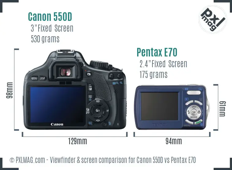 Canon 550D vs Pentax E70 Screen and Viewfinder comparison