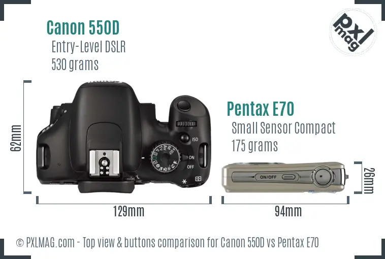 Canon 550D vs Pentax E70 top view buttons comparison