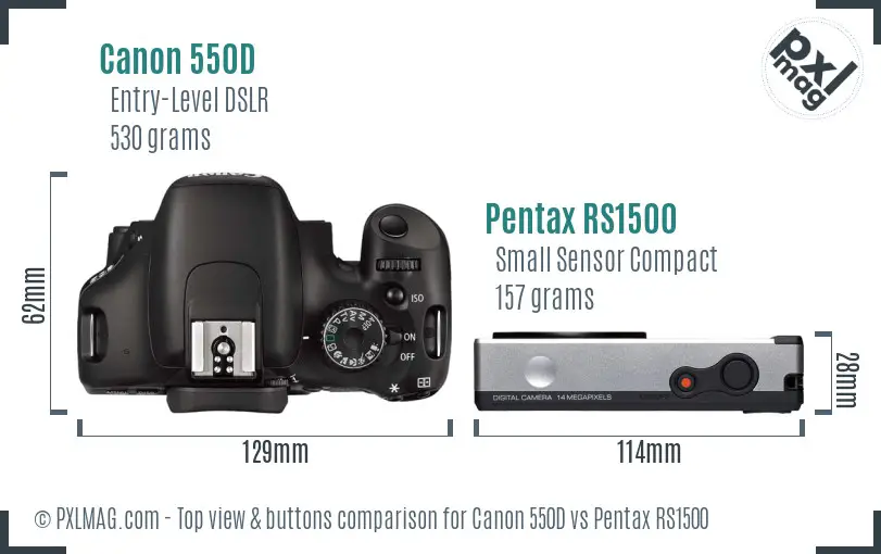 Canon 550D vs Pentax RS1500 top view buttons comparison