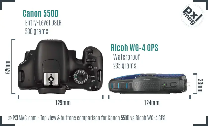 Canon 550D vs Ricoh WG-4 GPS top view buttons comparison Canon 550D vs Ricoh WG-4 GPS top view buttons comparison