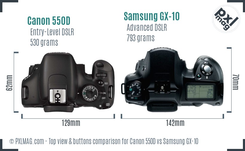 Canon 550D vs Samsung GX-10 top view buttons comparison