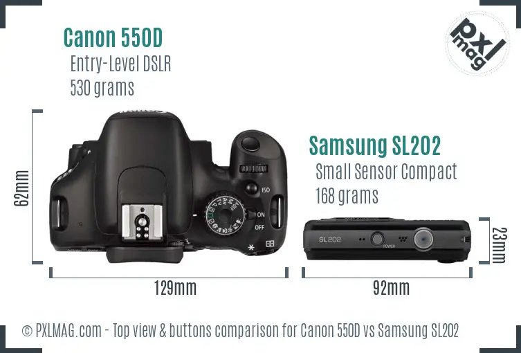 Canon 550D vs Samsung SL202 top view buttons comparison Canon 550D vs Samsung SL202 top view buttons comparison