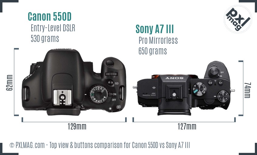 Canon 550D vs Sony A7 III top view buttons comparison