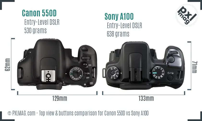 Canon 550D vs Sony A100 top view buttons comparison