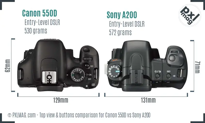 Canon 550D vs Sony A200 top view buttons comparison