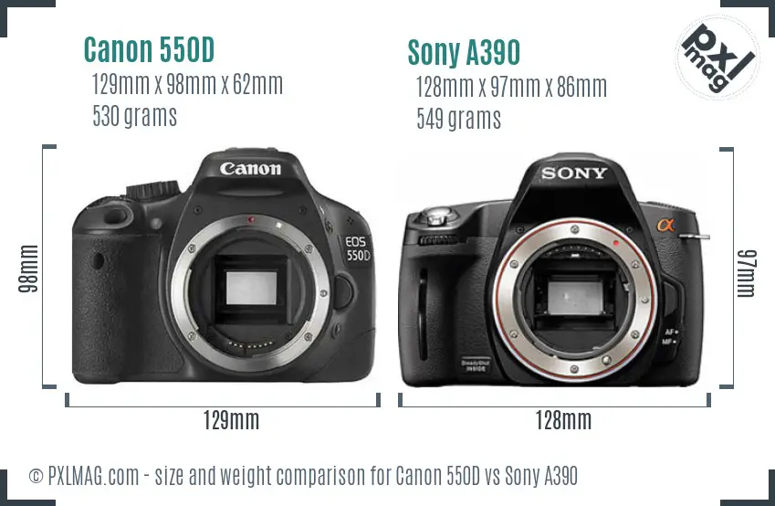 Canon 550D vs Sony A390 size comparison