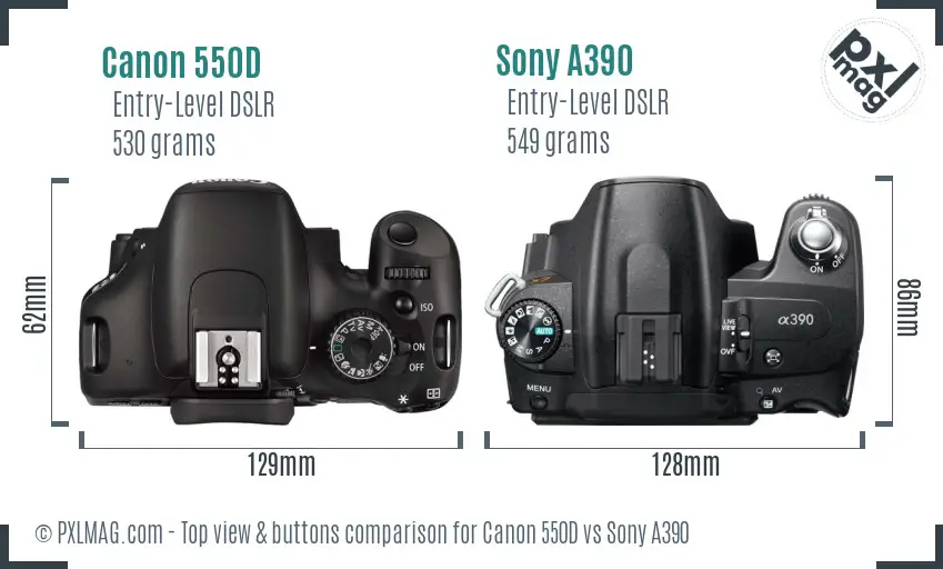 Canon 550D vs Sony A390 top view buttons comparison