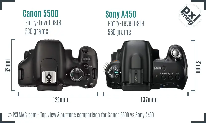 Canon 550D vs Sony A450 top view buttons comparison