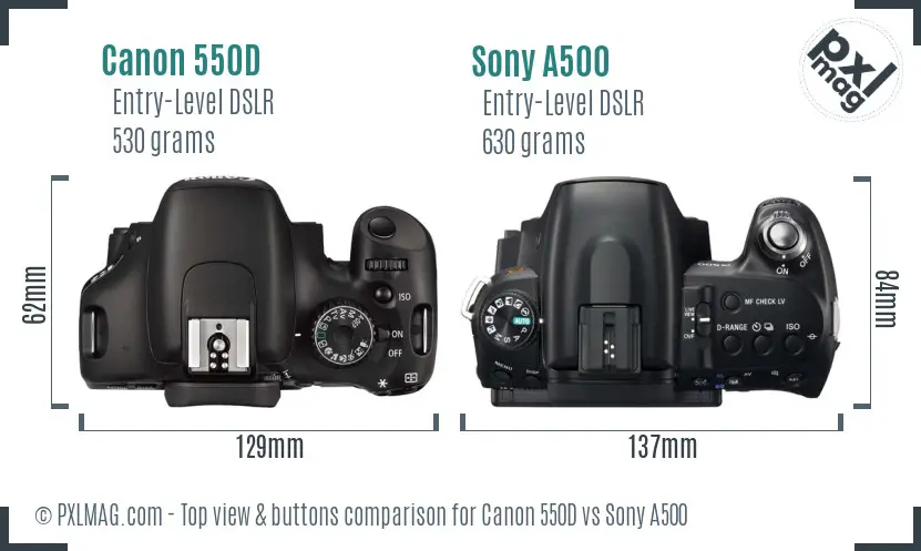 Canon 550D vs Sony A500 top view buttons comparison