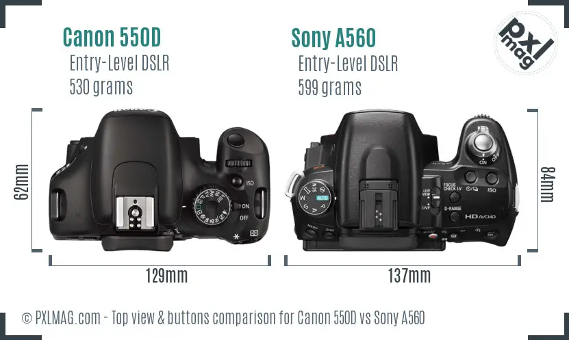 Canon 550D vs Sony A560 top view buttons comparison