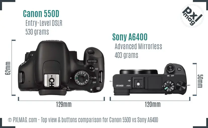 Canon 550D vs Sony A6400 top view buttons comparison Canon 550D vs Sony A6400 top view buttons comparison