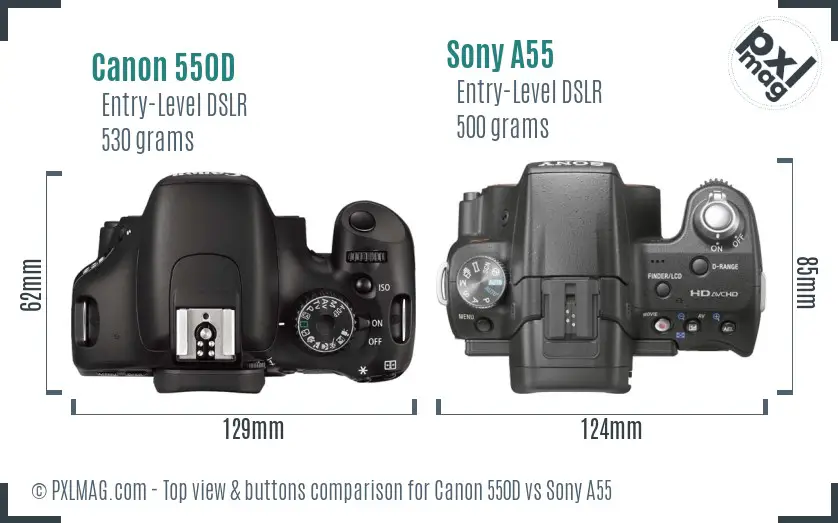 Canon 550D vs Sony A55 top view buttons comparison